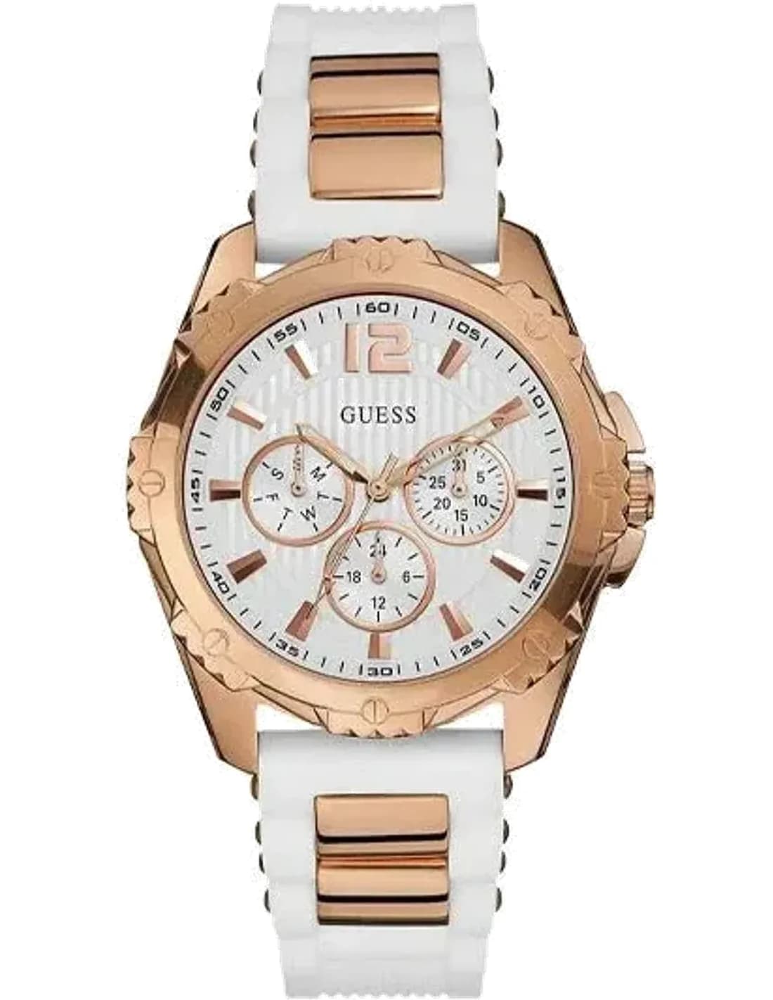 Guess Rose Gold Case W0325L6 White Dial Silicone Strap Multi function Women’s Watch