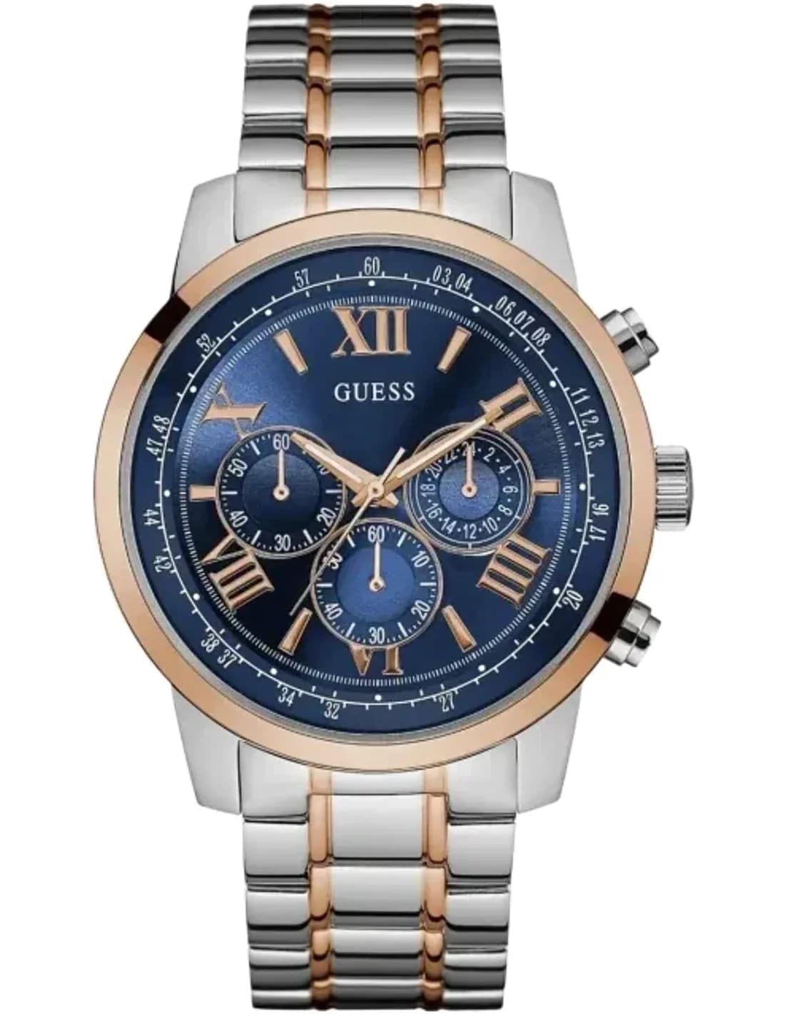 Guess Silver 45mm Case W0379G7 Blue Dial Two Tone Stainless Steel Bracelet Chronograph Men’s Watch