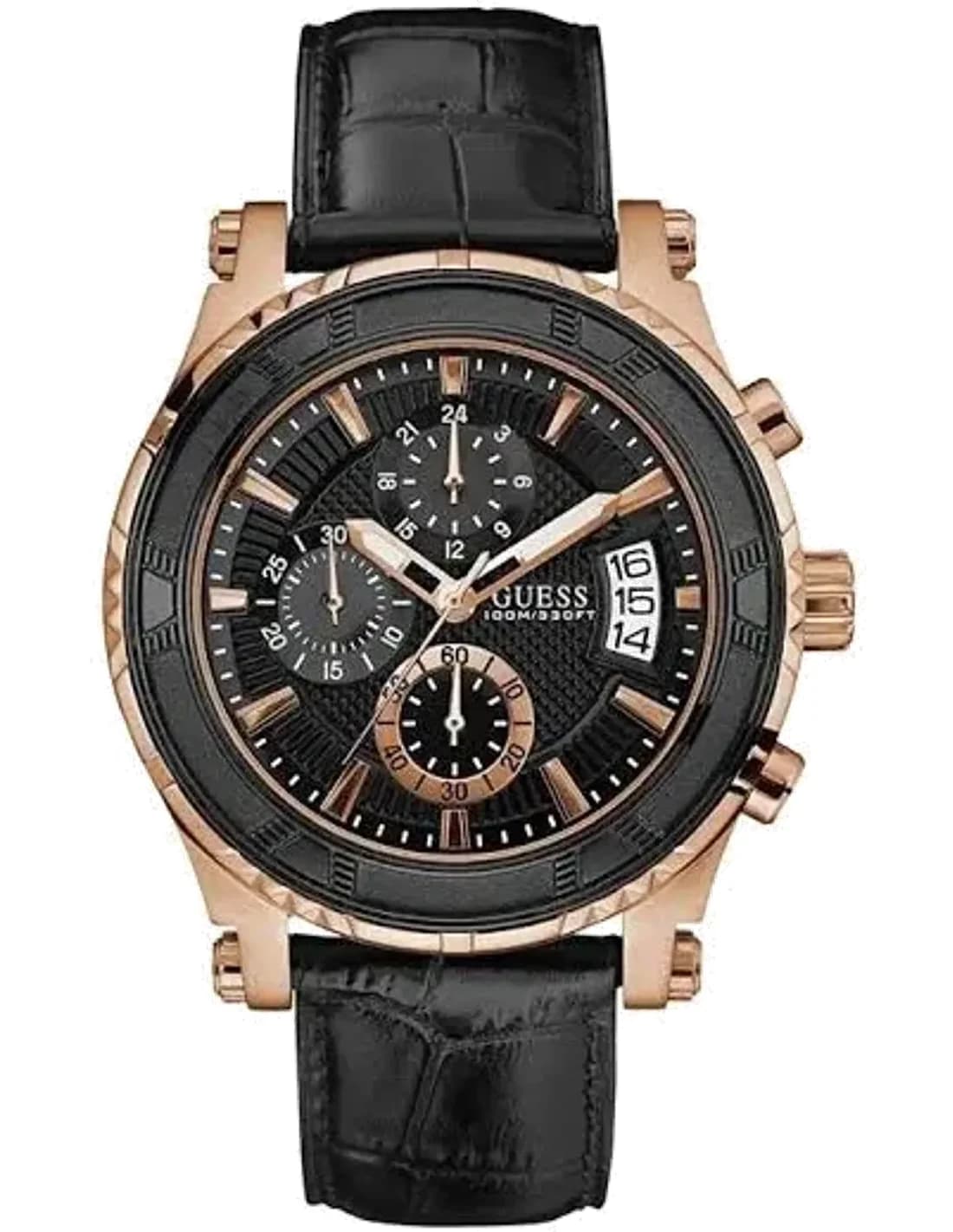 Guess Rose Gold 46mm case W0673G5 Black Dial Leather strap Chronograph Men’s Watch