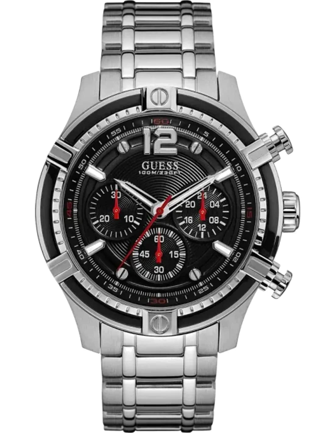Montre Homme Guess Silver 46mm Case W0968G1 Cadran Noir Bracelet en Acier Inoxydable Multifonction