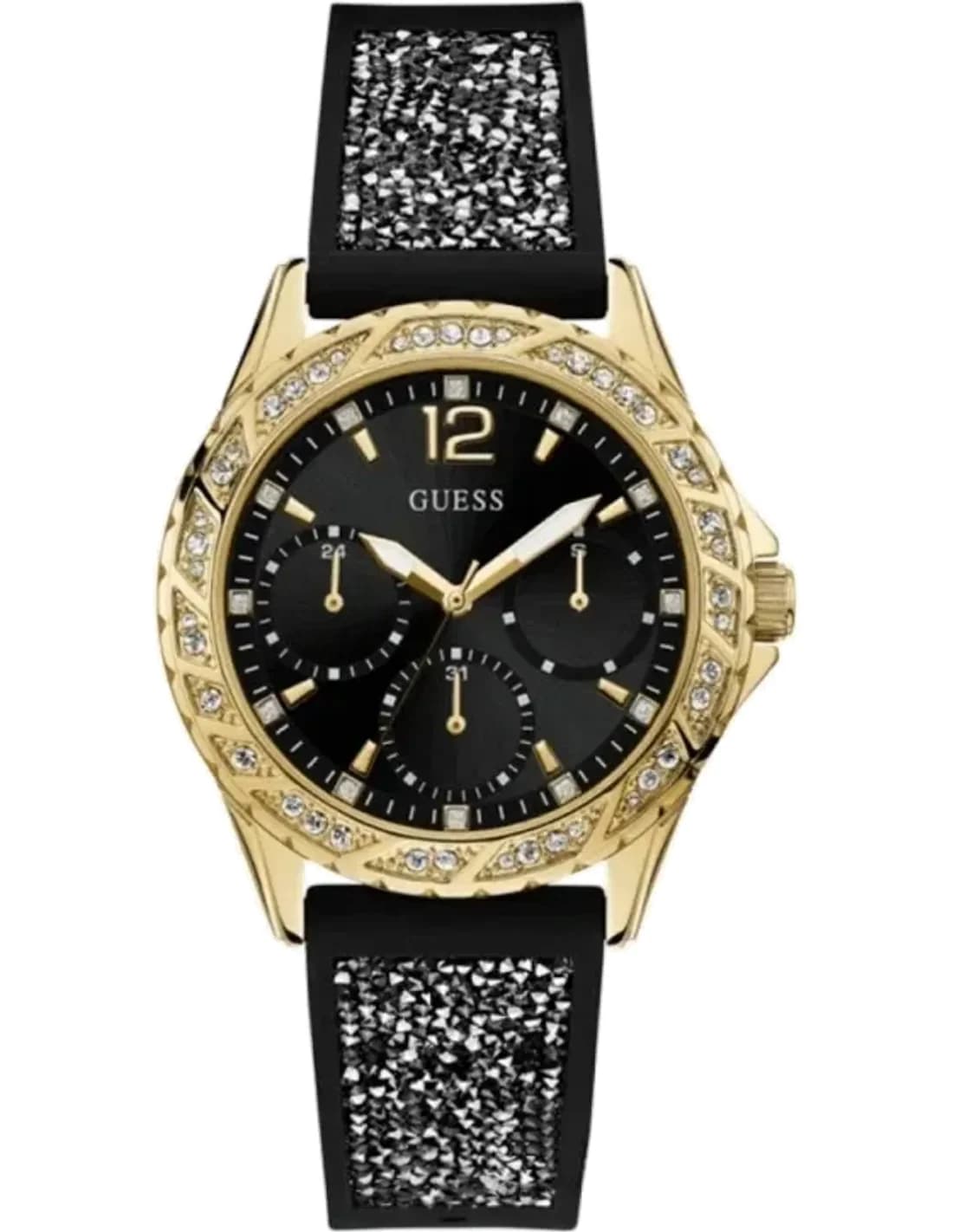 Guess gold tone case W1096L3 Black Dial silicone strap Multi-function women’s Watch