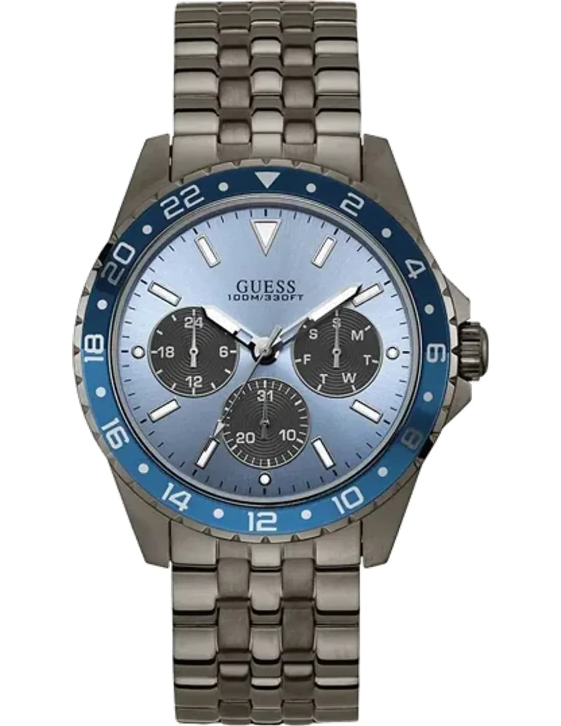 Guess Gunmetal 44mm Case W1107G5 Blue Dial Multi function Stainless Steel Bracelet Men’s Watch