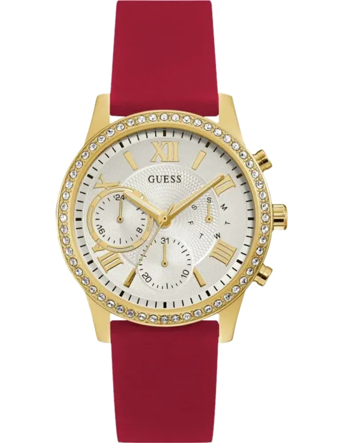 Guess Gold Tone Case W1135L6 Red Silicone Strap Multi function Women’s Watch