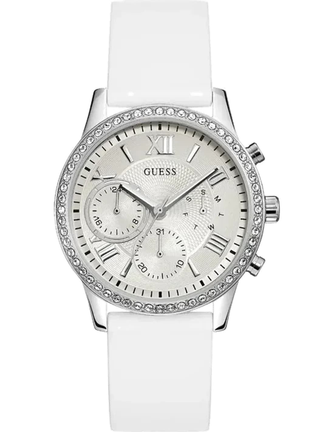Guess Silver Tone 40mm Case W1135L7 White tone Dial Multi-function Women’s Watch