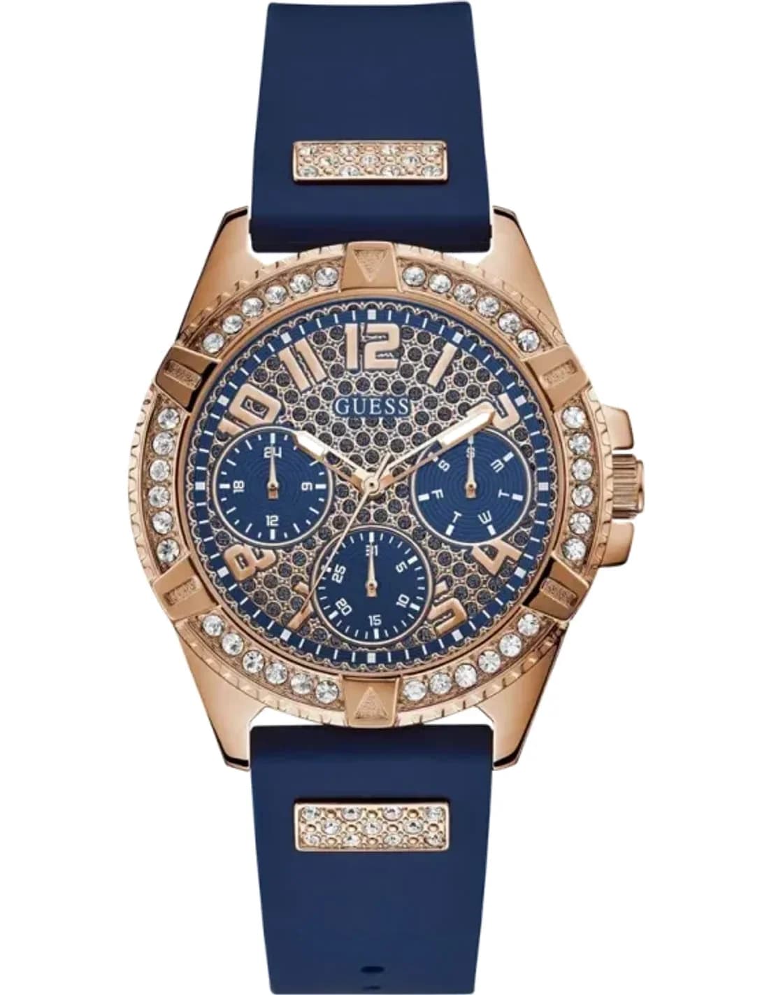 Guess Rosegold Case W1160L3 Blue Dial Silicone Strap Multi function Women’s Watch