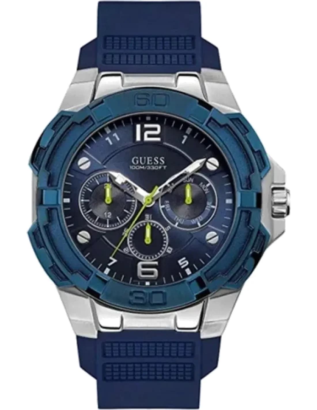 Guess Silver tone Case W1254G1 Blue Dial Silicone Strap Multi Function Men’s Watch