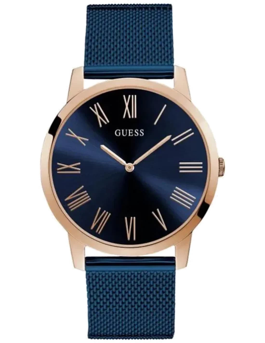 Montre Homme Guess Boîtier en or rose 44 mm W1263G4 Cadran bleu Mesh Bracelet en acier inoxydable Quartz