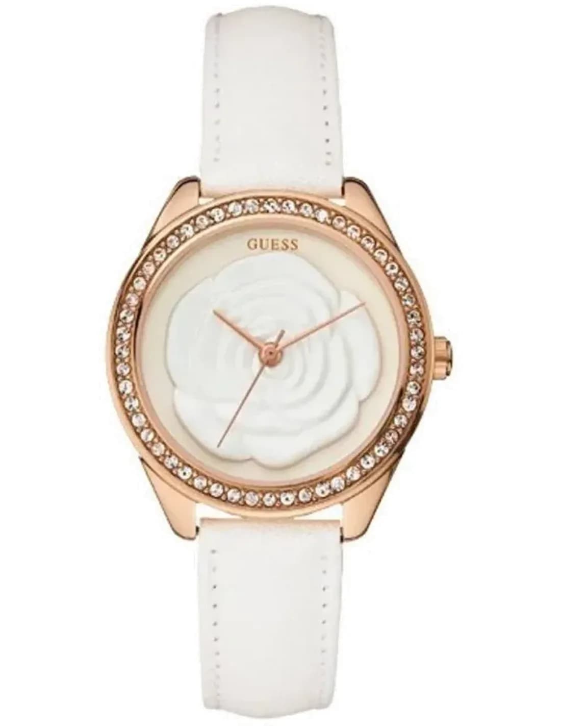 Montre Femme Guess W90083L1 Bracelet Cuir Blanc Cadran Or Rose