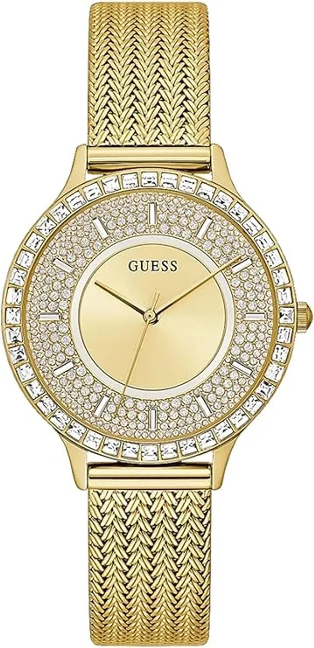 Guess Soiree Women's Watch GW0402L2 gold crystal-set case gold steel Milanese bracelet maille milanaise
