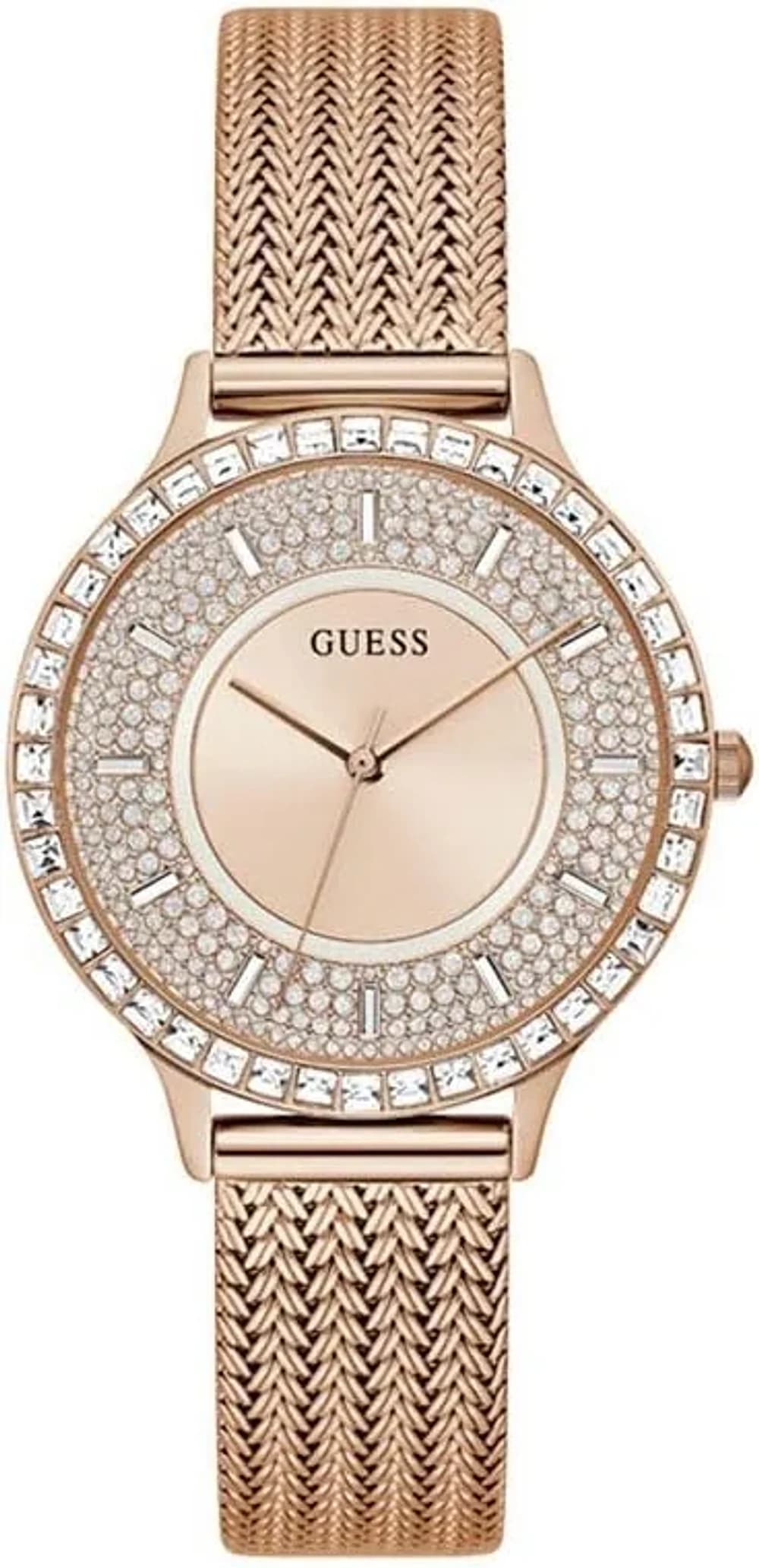 Guess Soiree Women's Watch GW0402L3 rose gold crystal-set case steel Milanese bracelet maille milanaise