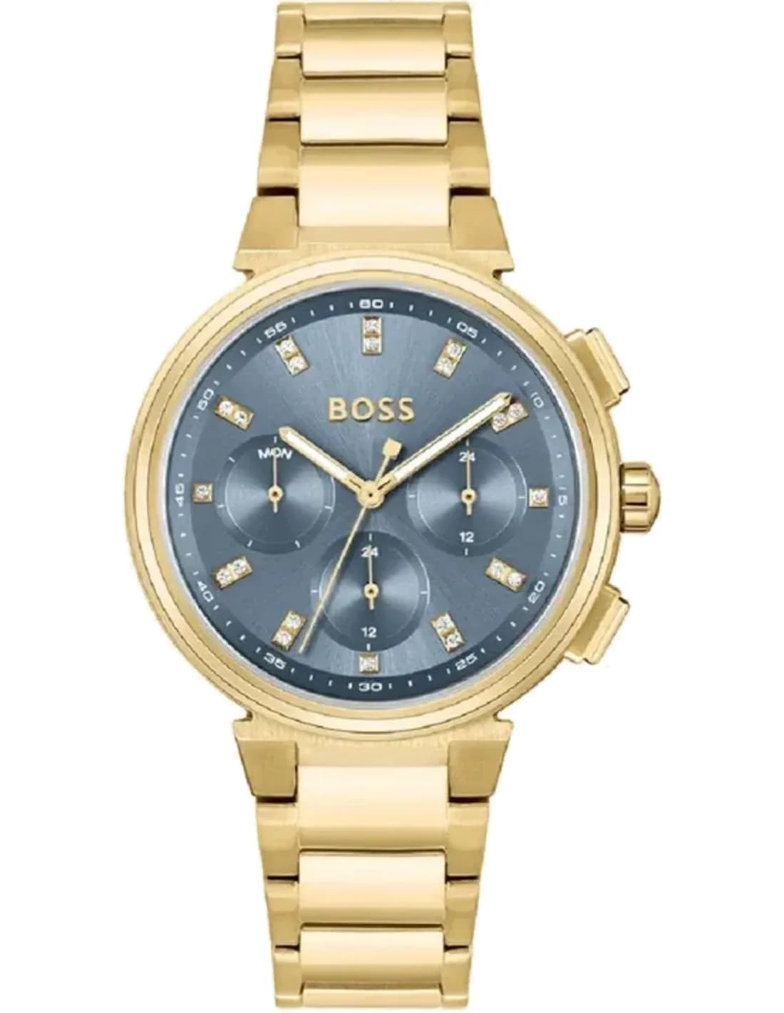 Montre femme Hugo Boss One 1502677 cadran bleu incrusté de cristaux bracelet acier doré