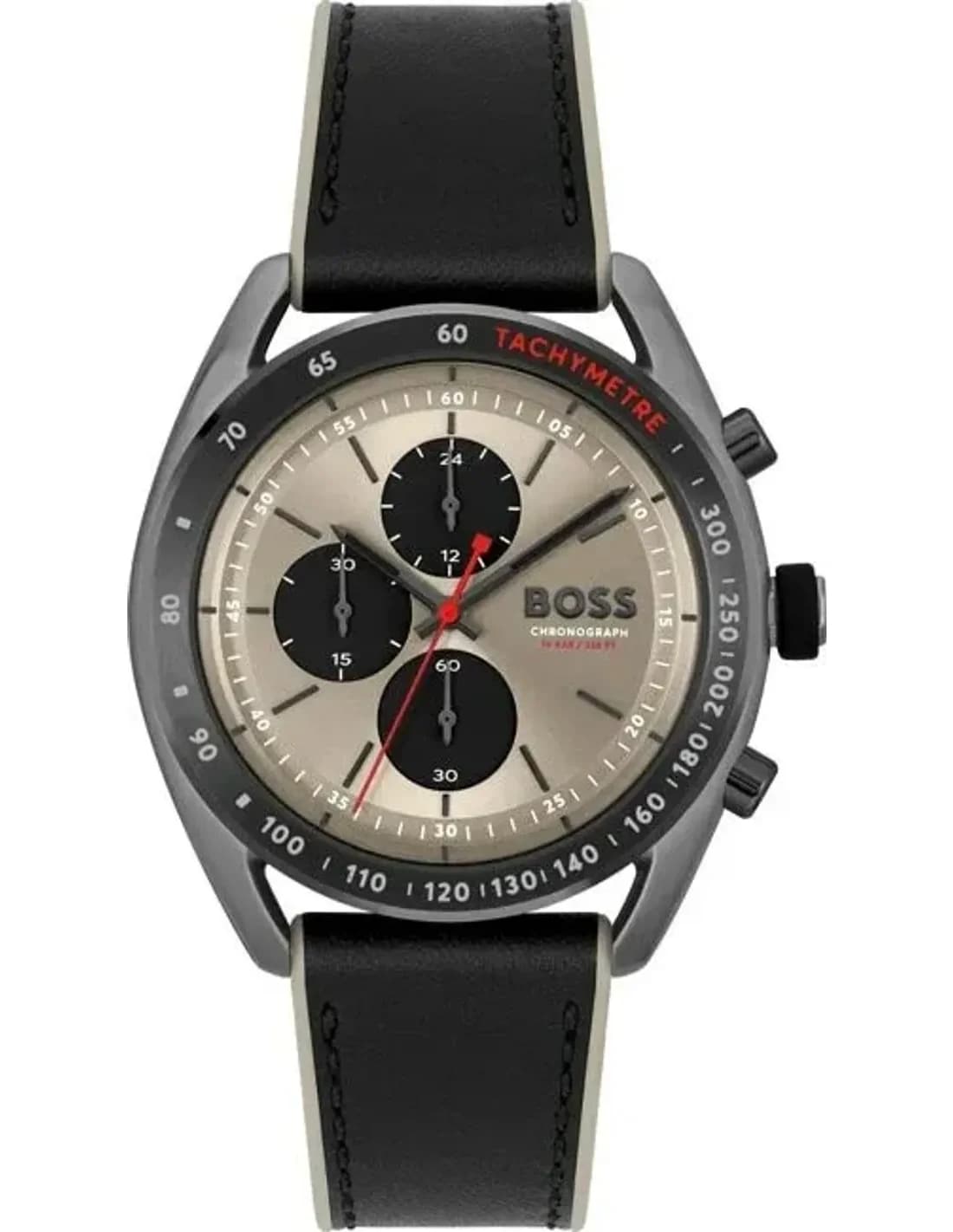 Hugo Boss Center Court 1514024 Men's Watch Black Leather Strap Beige Dial Multifunction