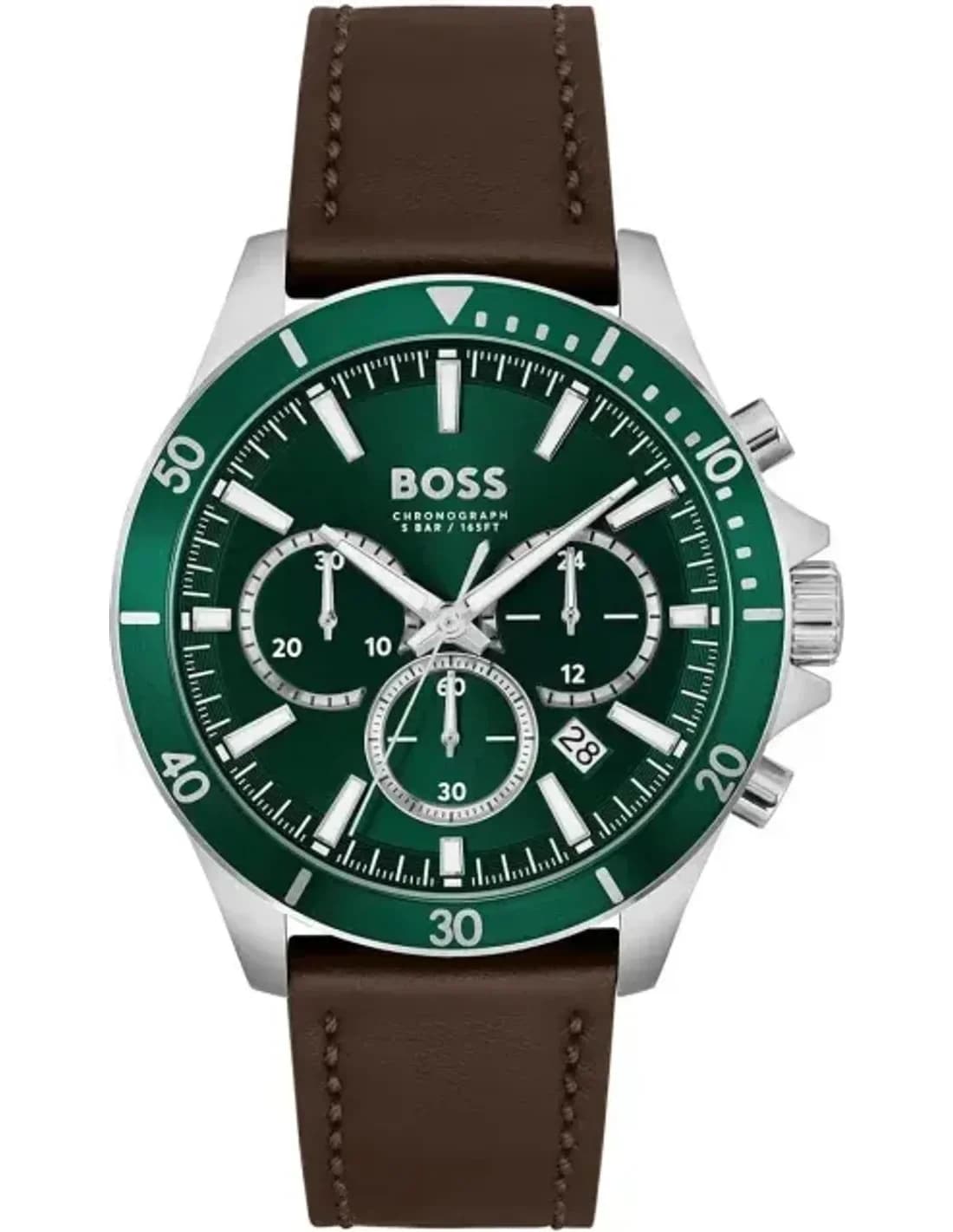 Montre Homme Hugo Boss Troper 1514098 bracelet cuir marron cadran vert multifonctions