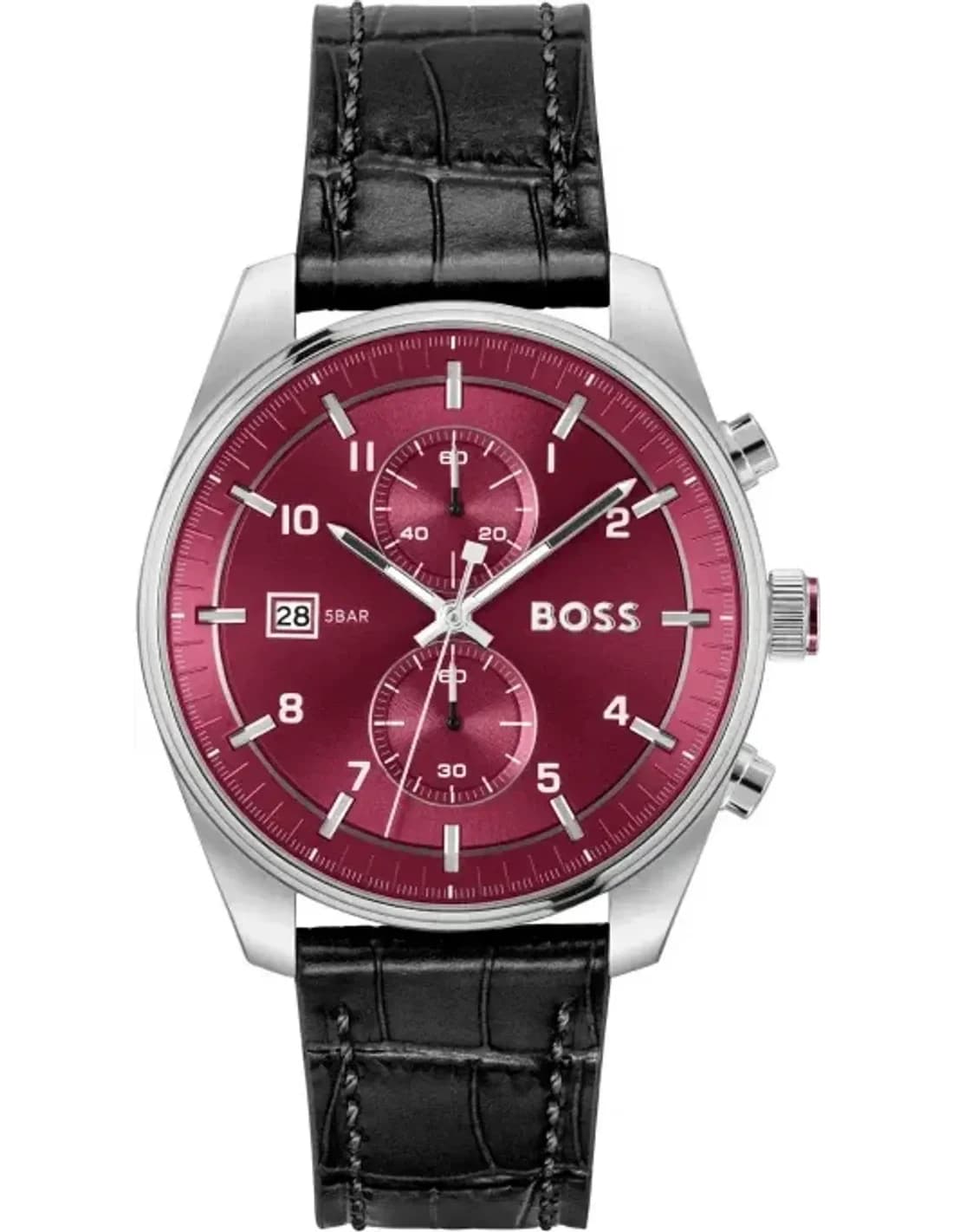 Montre Hugo Boss 1514193 Skytraveller Cadran Rouge et Cuir Noir Aspect Croco