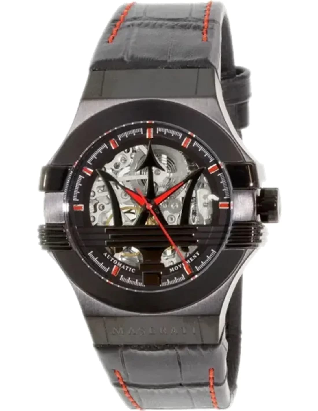 Maserati Potenza R8821108008 Automatic Silver Skeleton Dial Black Leather Strap Men’s Watch