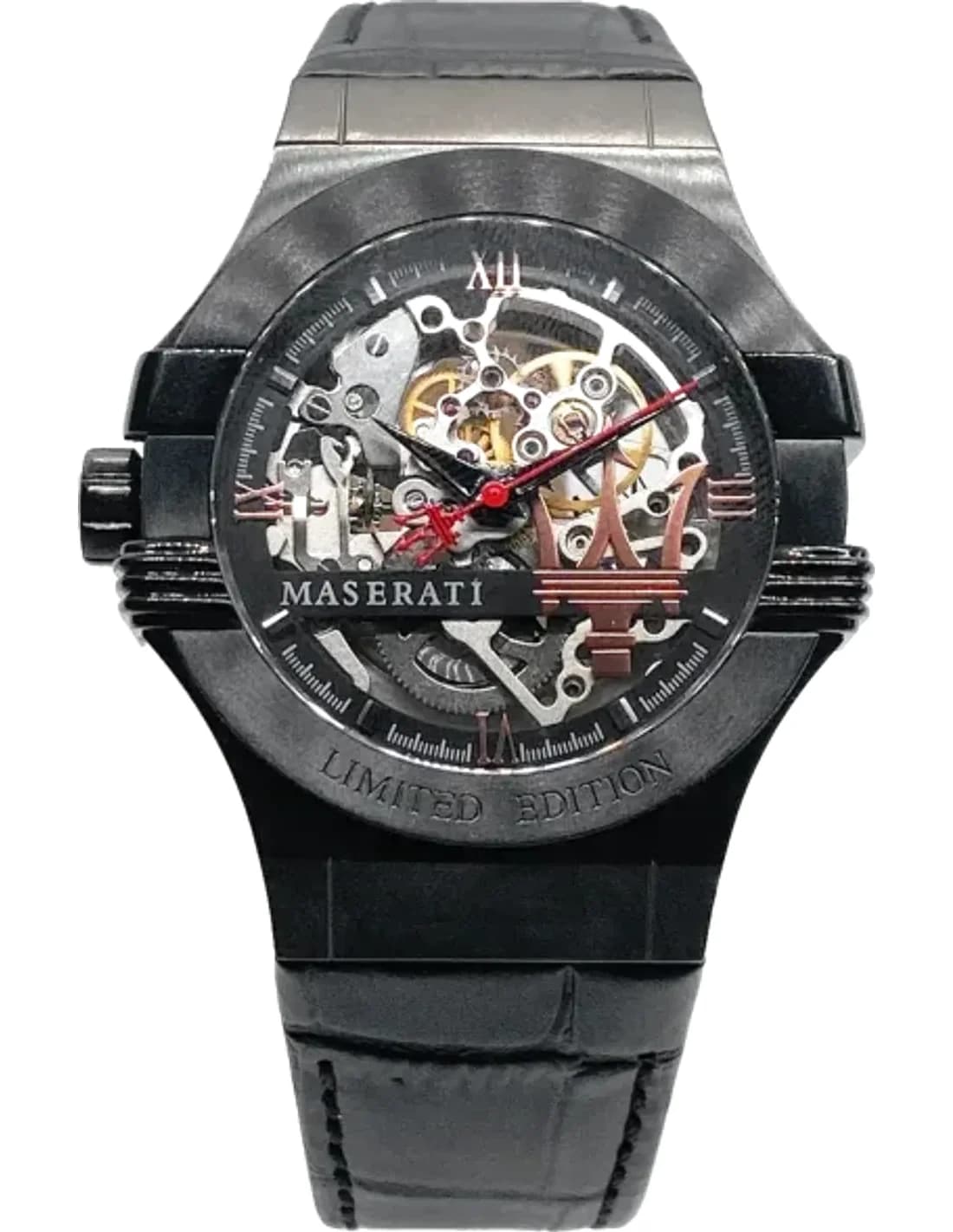 Maserati Automatic R8821108021 Mechanical Skeleton Dial Black Leather Strap Men’s Watch