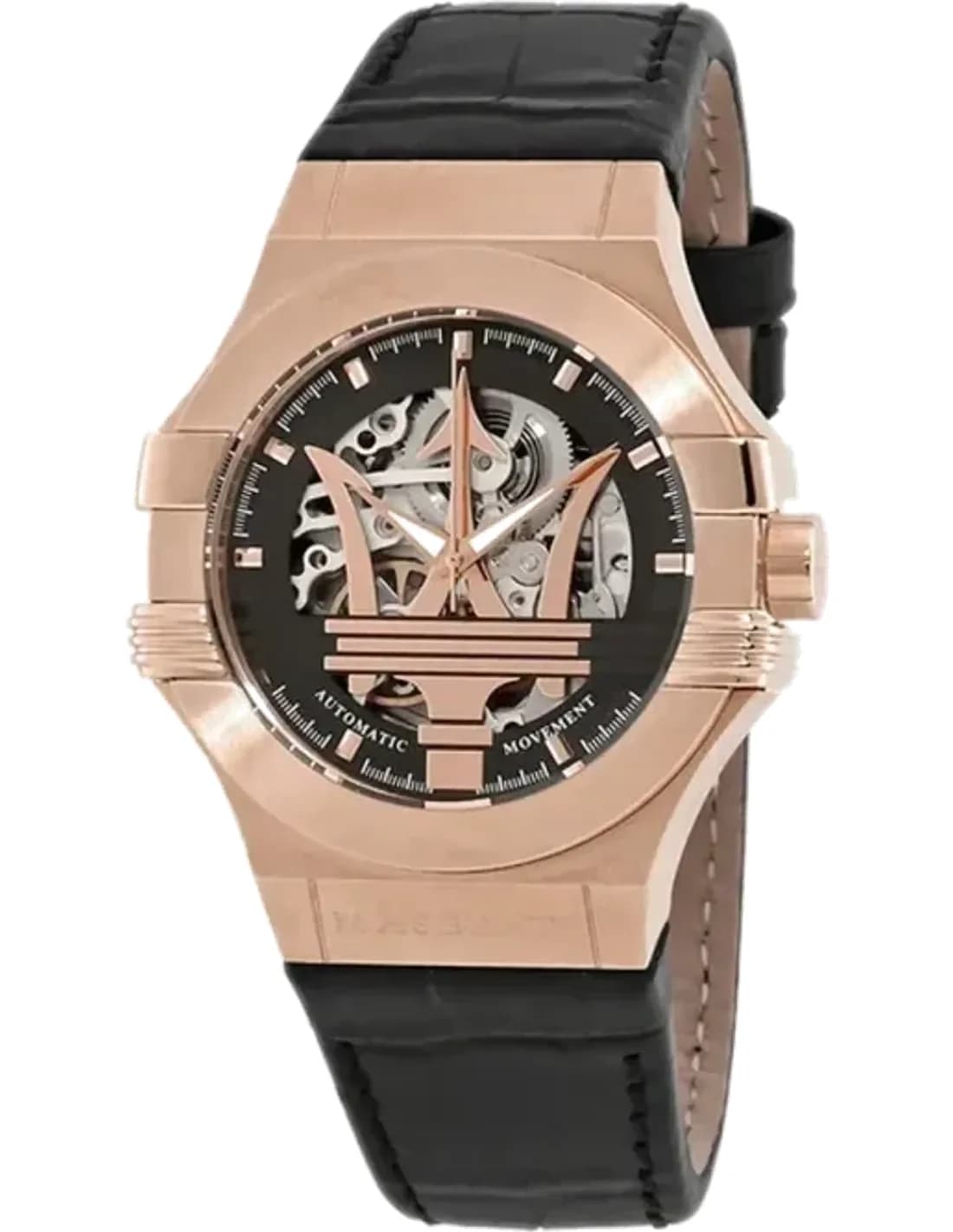 Maserati Potenza R8821108025 Automatic Rose Gold Skeleton Dial Black Leather Strap Men’s Watch