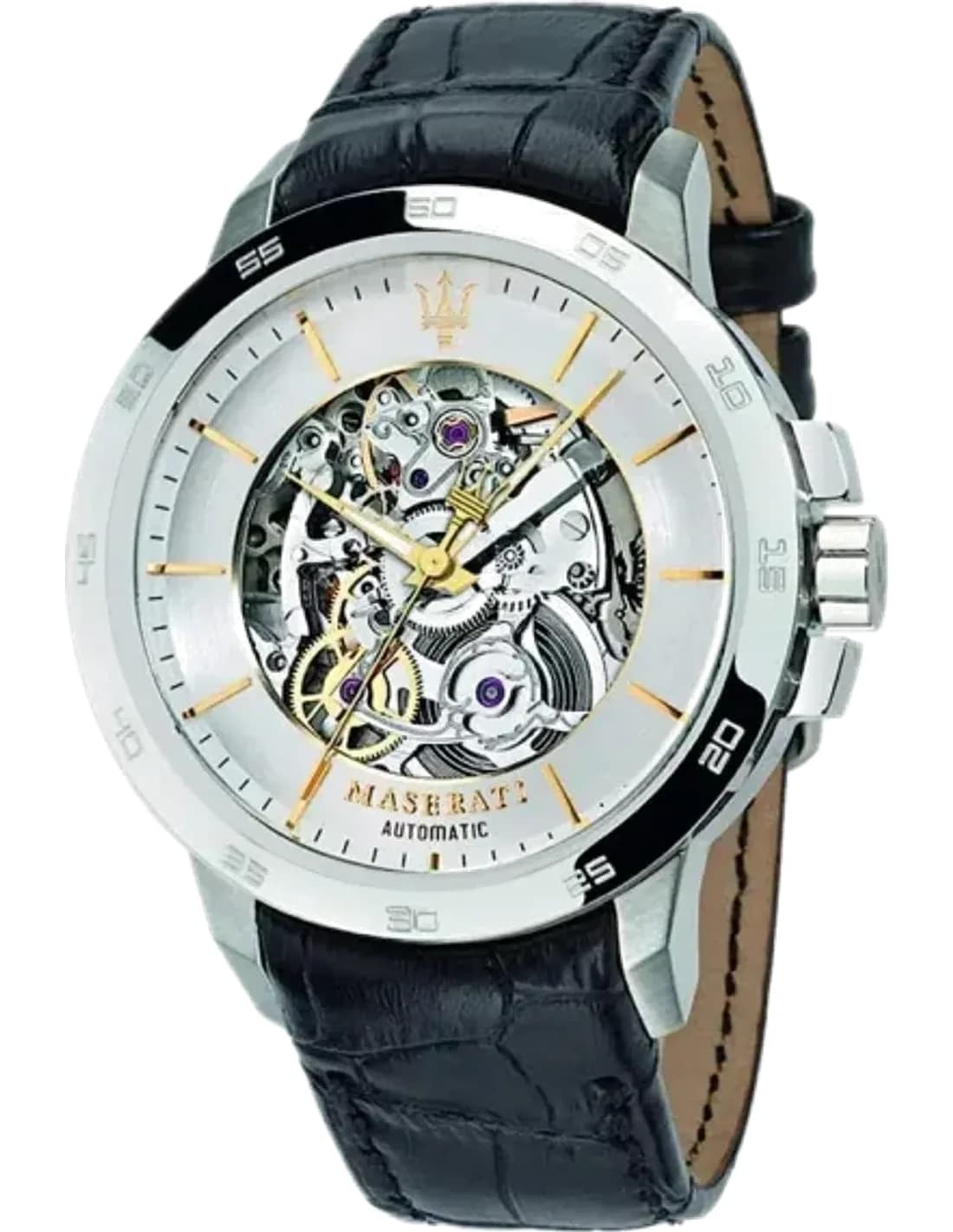 Montre Homme Maserati Ingegno R8821119002 automatique squelette cadran argenté bracelet en cuir noir