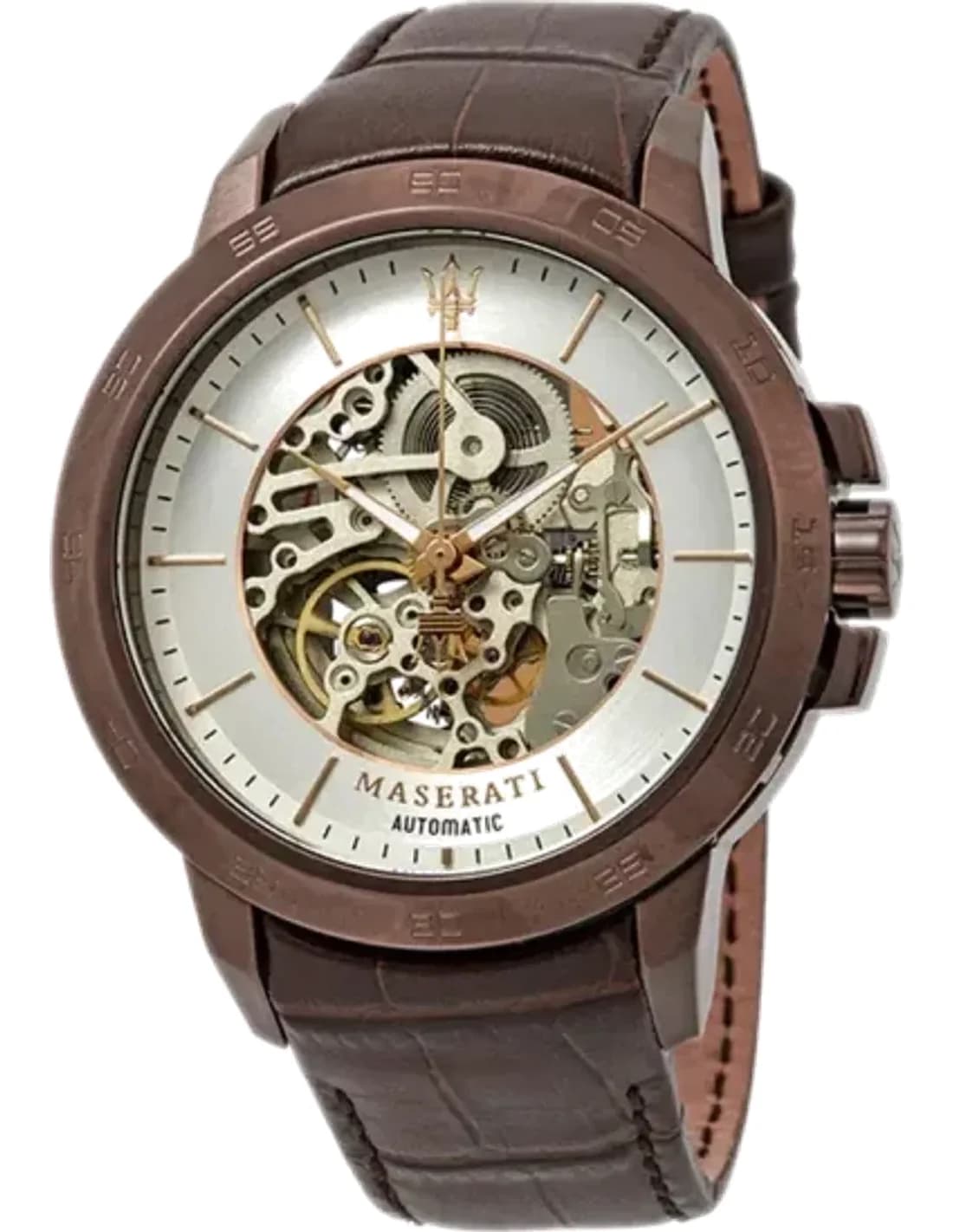 Montre Homme Maserati Ingegno R8821119003 Squelette Automatique Cadran Argent Bracelet Cuir Marron