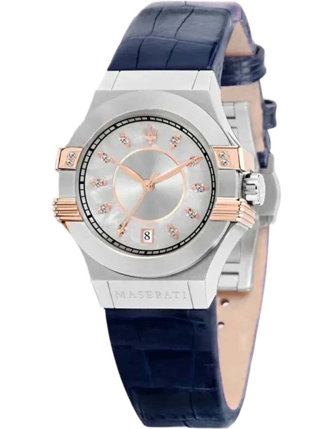 Maserati Potenza R8851108502 Quartz Diamond Silver Dial Blue Leather Strap Women’s Watch