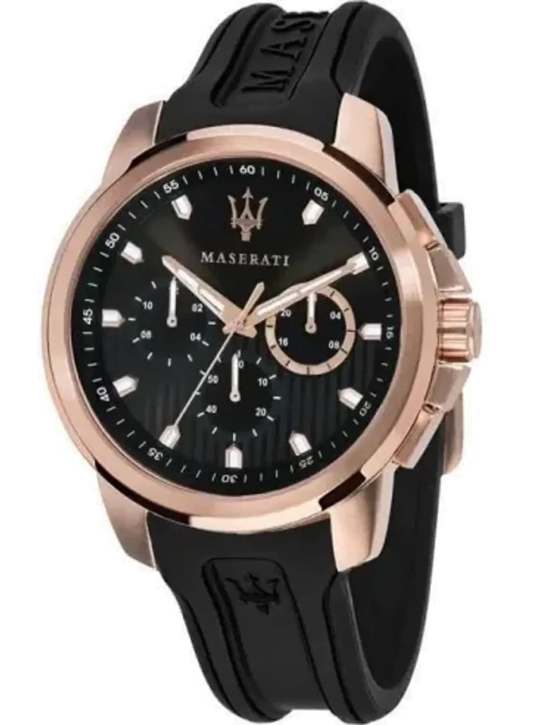 Montre Maserati R8851123008 Chronographe en Acier avec Détails Or Rose et Bracelet Silicone Noir