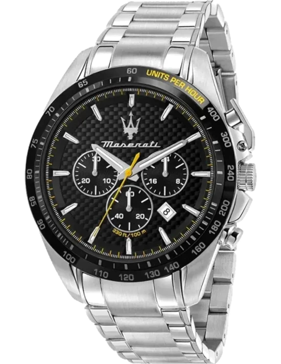 Montre Homme Maserati Traguardo R8873612042 chronographe cadran noir bracelet en acier inoxydable argenté
