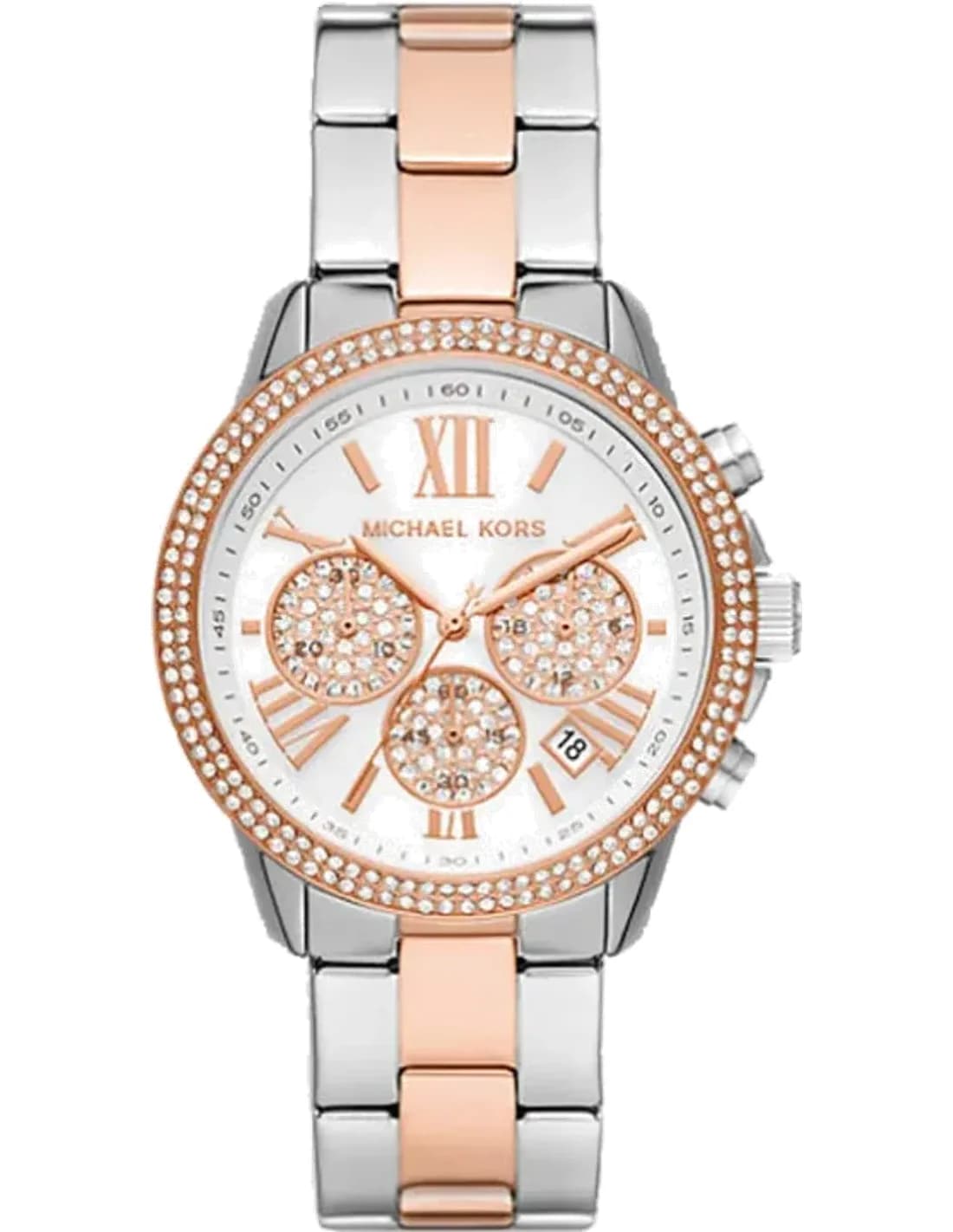 Montre Michael Kors Bryn MK7201 Pavé chronographe à chiffres romains couleur or rose, bracelet bicolore