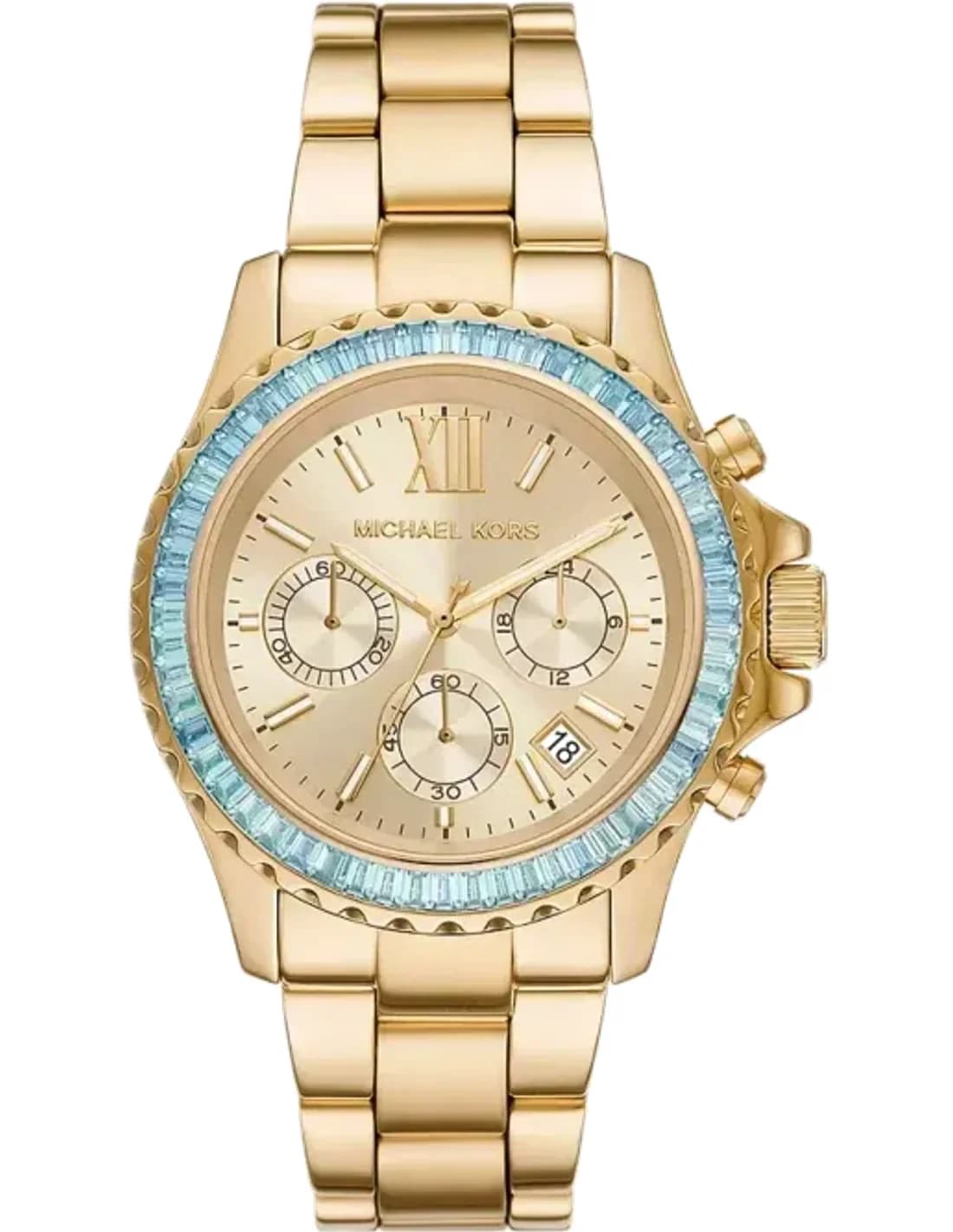 Michael Kors Everest MK7210 chronograph watch adorned with crystals, yellow gold-tone stainless steel bracelet