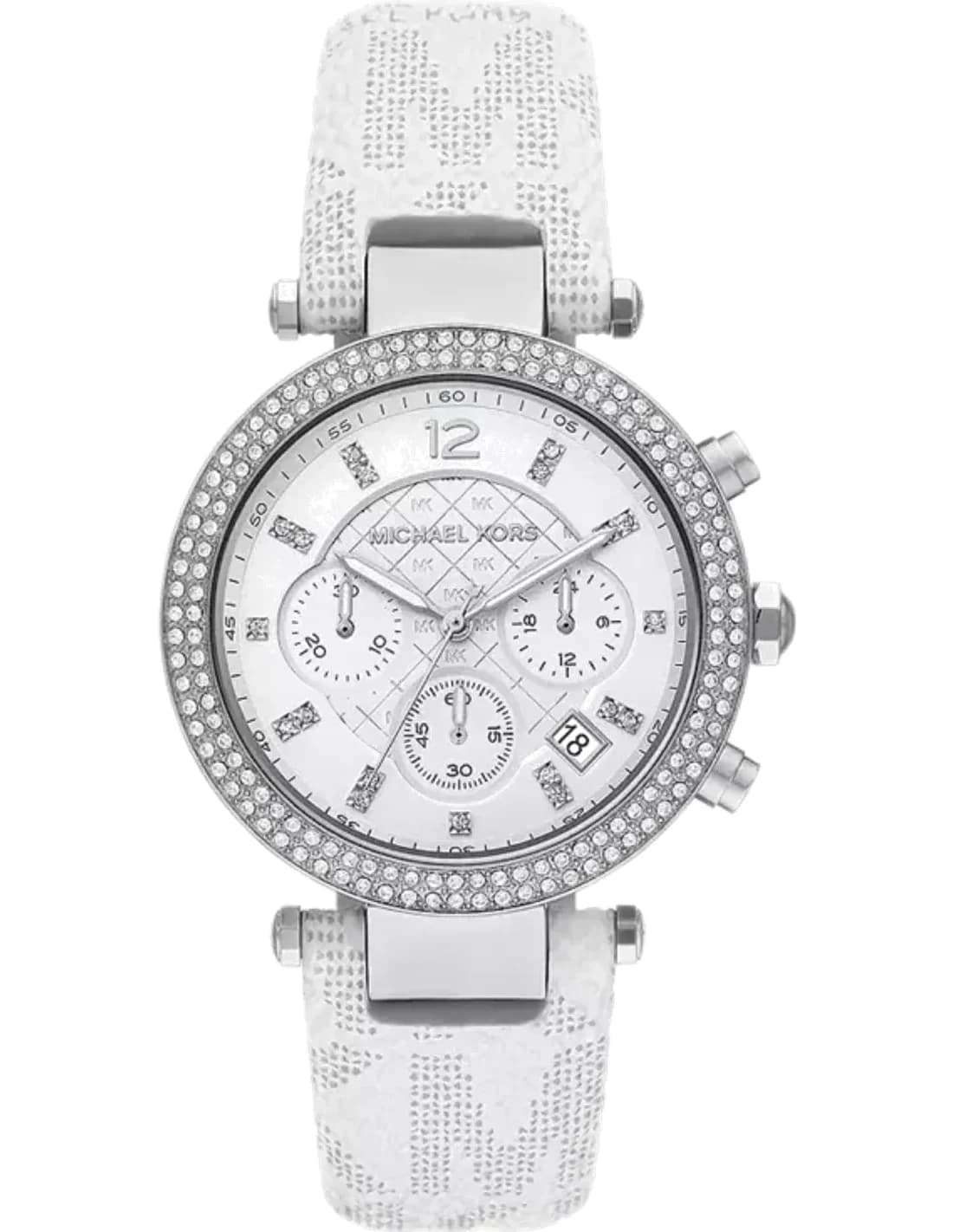 Michael Kors Parker MK7226 Pavé White Dial Chronograph Watch White Strap
