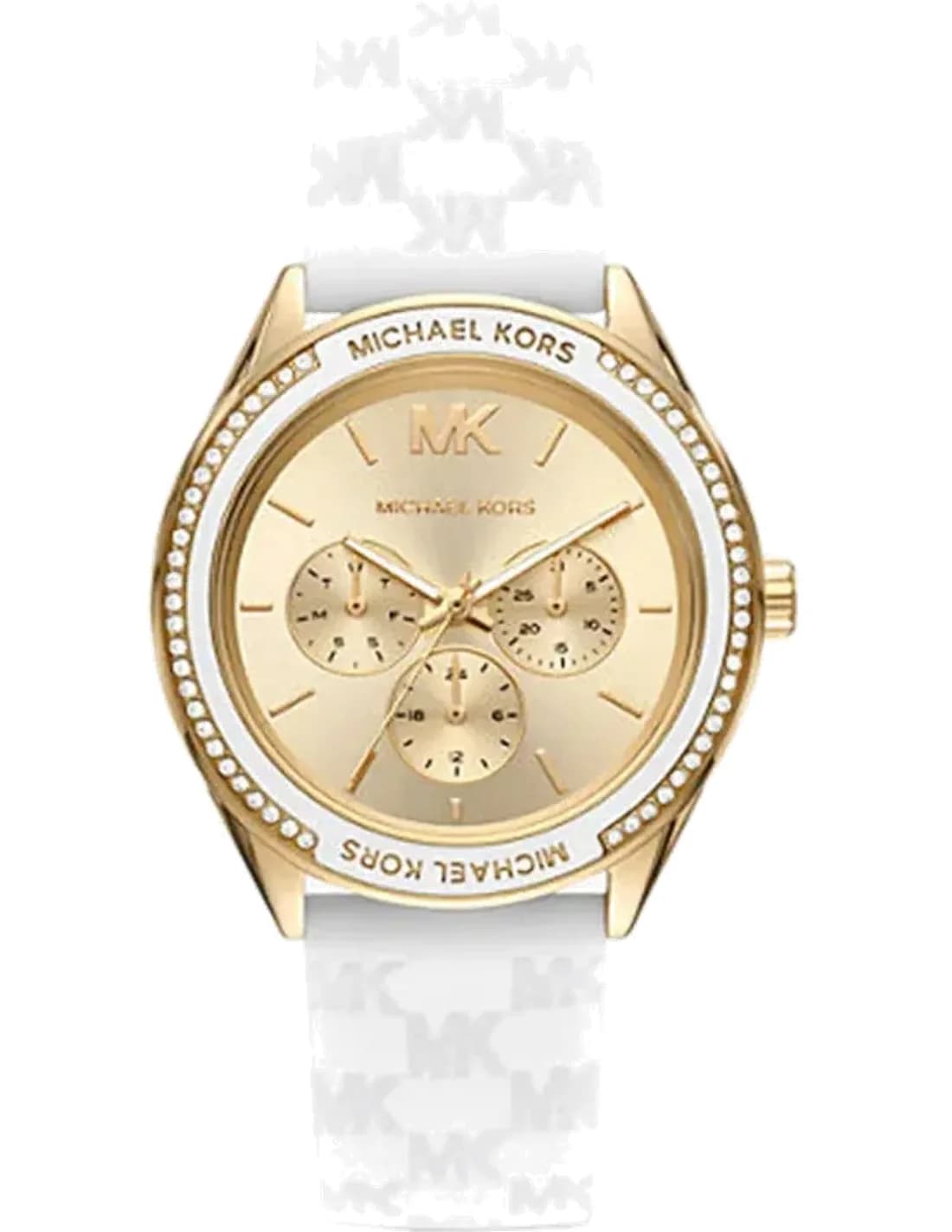 Montre Michael Kors Jessa MK7267 multifonction à cadran doré incrusté de cristaux bracelet silicone blanc