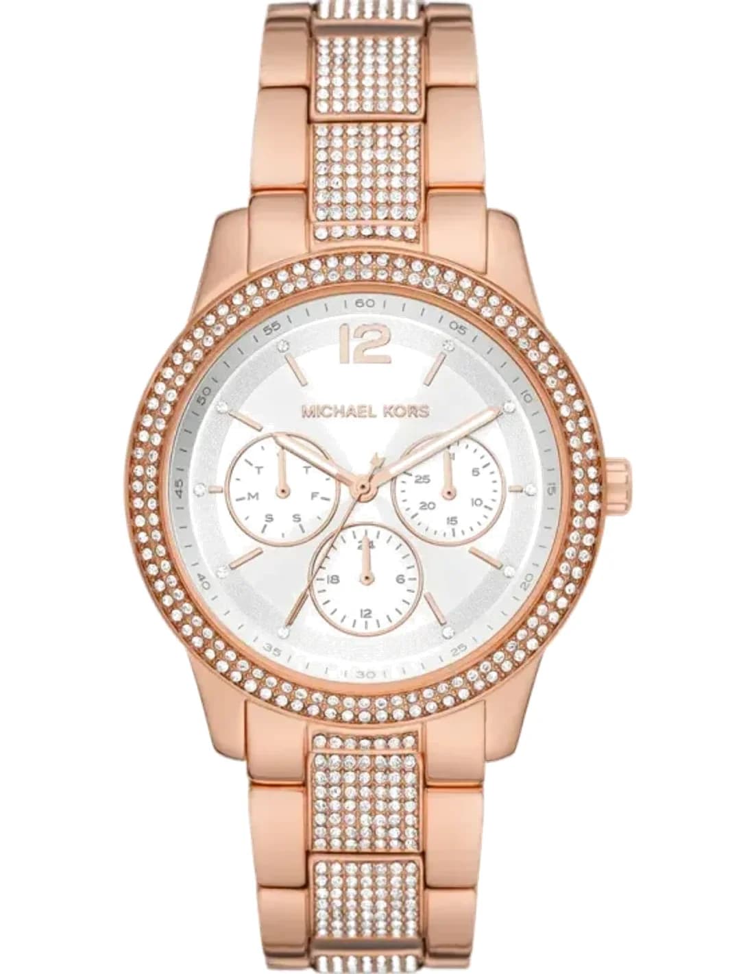 Montre Michael Kors Tibby MK7293 multifonction avec cadran argenté et bracelet doré rose avec cristaux