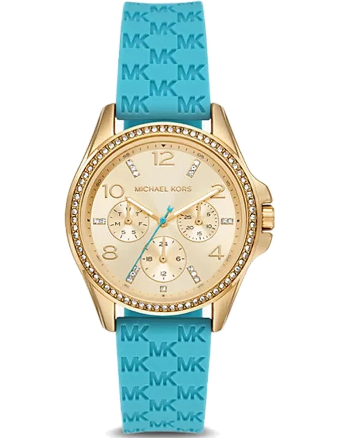 Michael Kors Mini Pilot MK7374 chronograph Women's Watch gold dial silicone strap