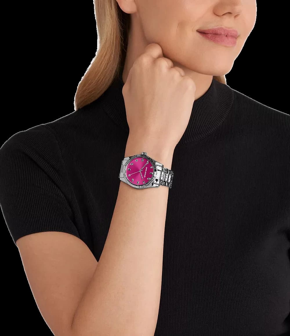 Michael Kors Lexington MK7443 — montre femme pavé rose vif — bracelet acier argenté vue 4