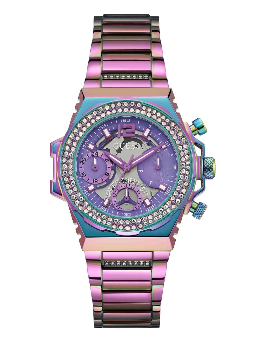 Montre Guess Fusion GW0552L4 femme iridescente, bracelet maillons acier