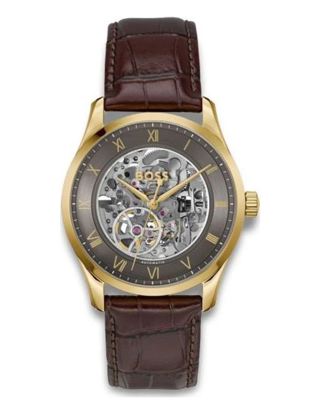 Montre Hugo Boss Principle 1514235 homme dorée, bracelet Cuir (veau crocodile embossé)