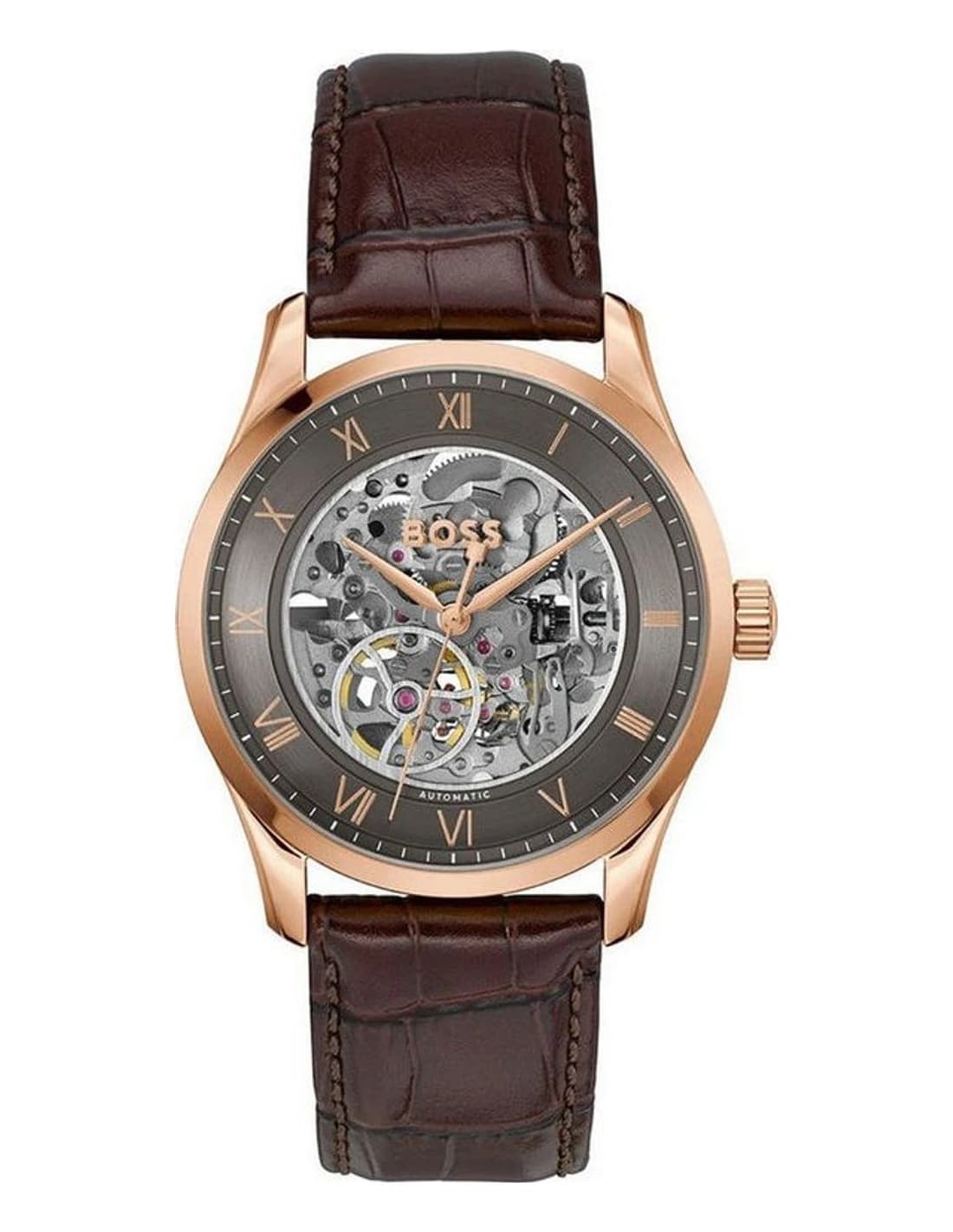 Hugo Boss Principle Skeleton 1514253 men's grey watch, Cuir marron strap