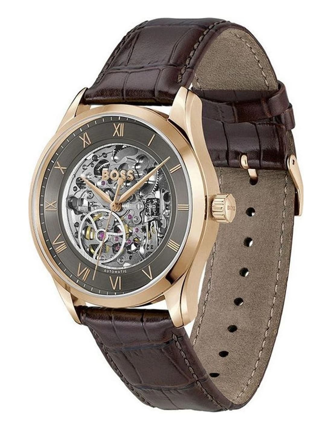 Montre Hugo Boss Principle Skeleton 1514253 homme grise, bracelet Cuir marron vue 2