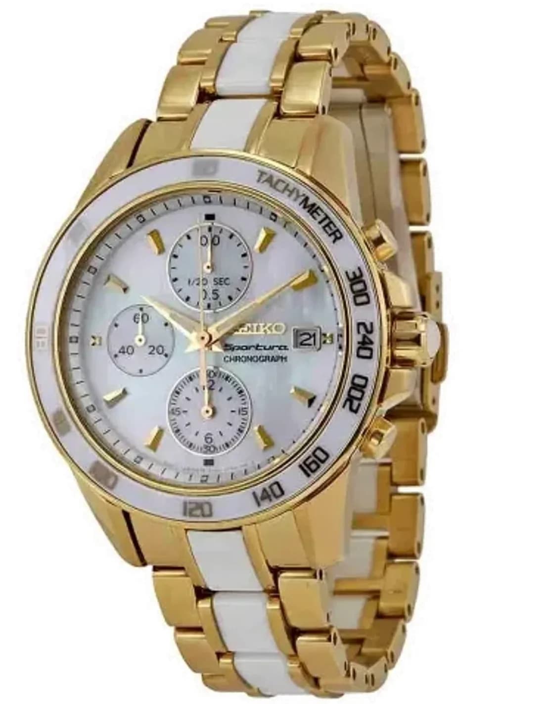 Montre Seiko SNDX02P1 Sportura Dorée et Blanche avec Tachymètre