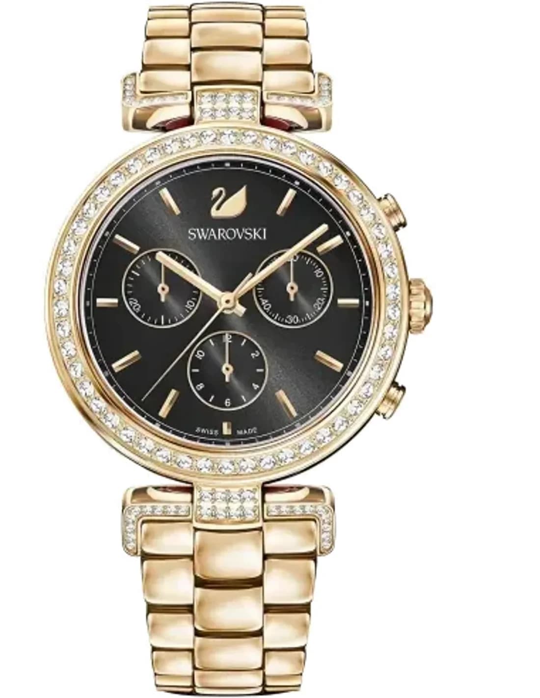 Montre Swarovski Era Journey 5295366 bracelet acier doré rose cadran noir