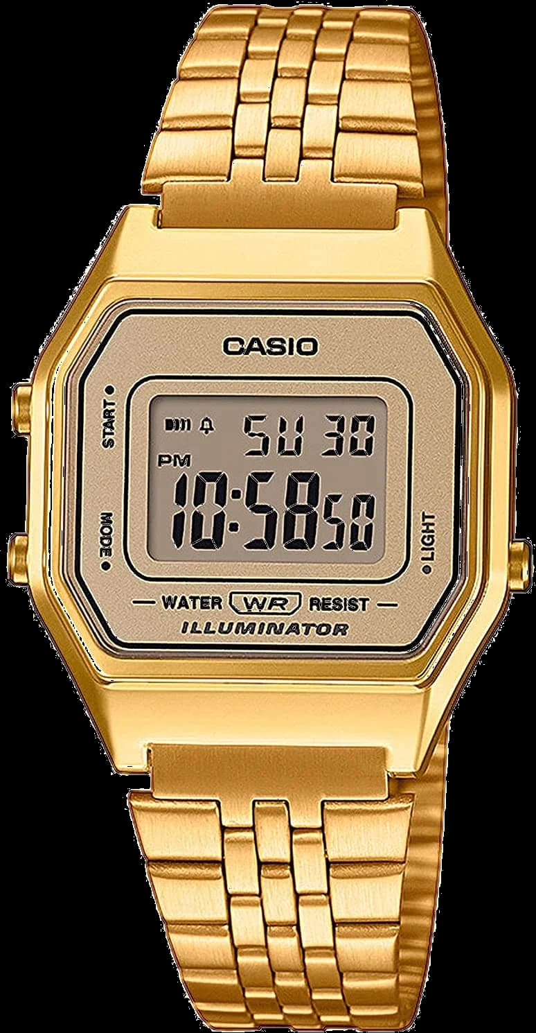 Casio LA680WEGA-9EF vue de côté, bracelet acier