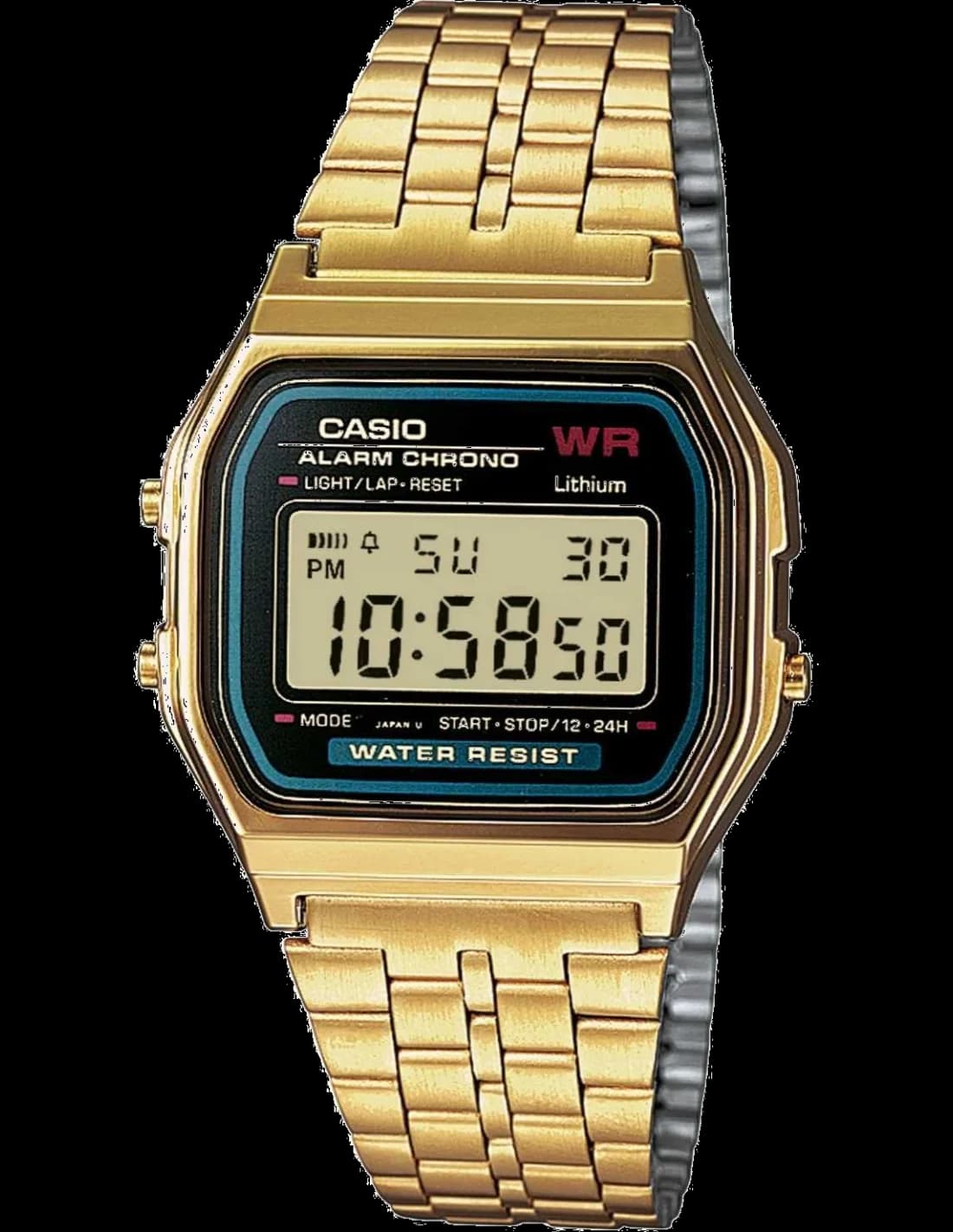 Casio A159WGEA-1EF vue de côté, bracelet acier