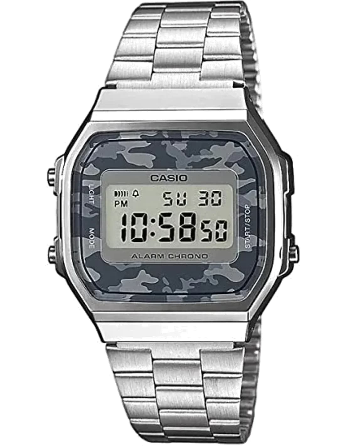 Casio A168WEC-1EF vue de côté, bracelet acier