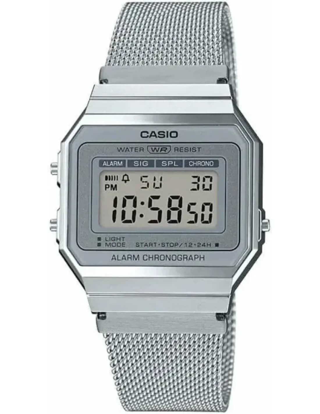 Casio A700WEM-7AEF vue de côté, bracelet acier