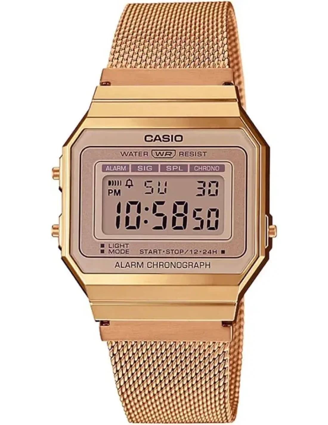 Casio A700WMG-5DF vue de côté, bracelet acier