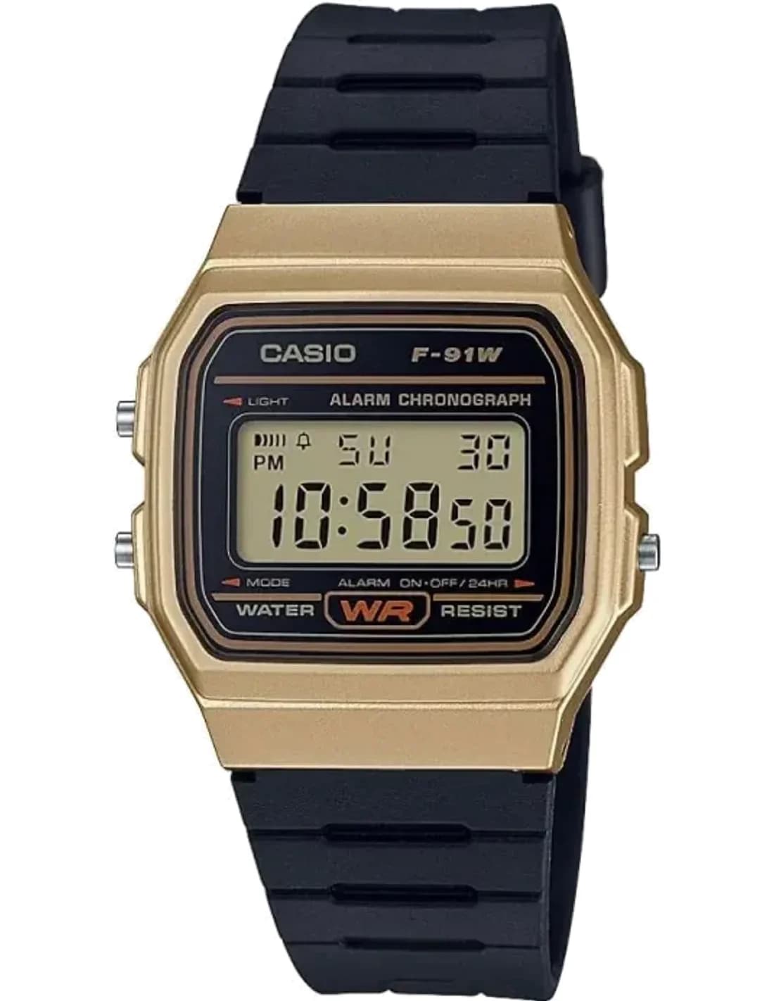 Casio F-91WM-9AEF vue de côté, bracelet silicone