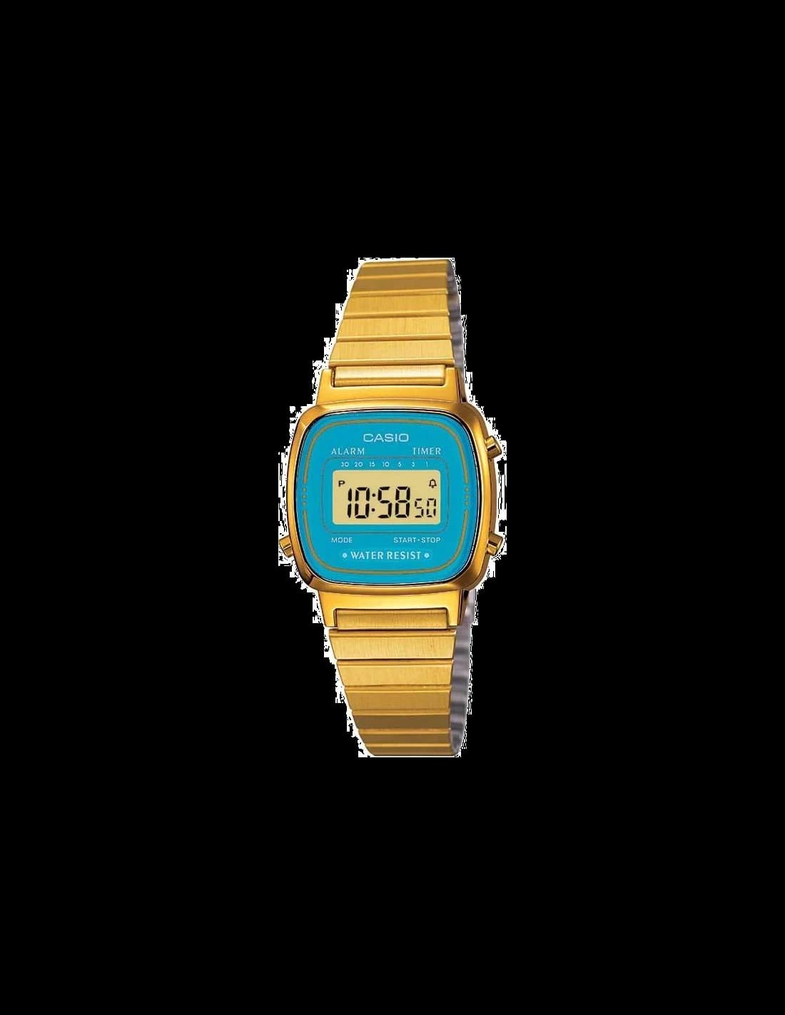 Casio LA670WEGA-2EF vue de côté, bracelet acier