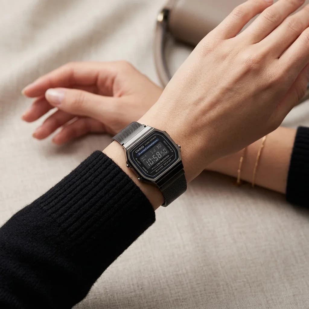 Casio A168WEMB-1BDF — montre vintage unisexe acier maille noire — design rétro intemporel vue 4