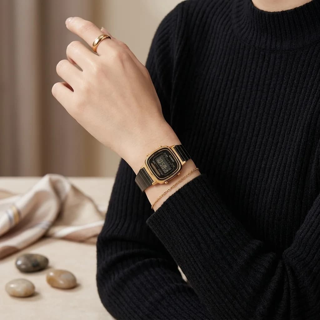 Gros plan sur le cadran noir de la Casio LA670WEGB-1BEF