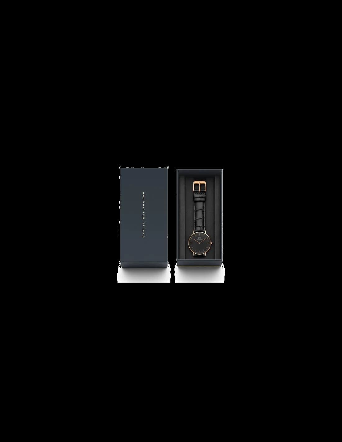 Gros plan sur le cadran noir de la Daniel Wellington DW00100141