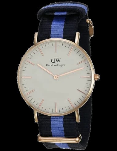 Montre Daniel Wellington 0504DW Boîtier or rose bracelet textile bleu et noir